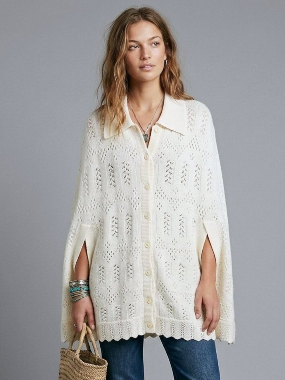 OS Vintage Ivory Soft Knit Button Front Poncho Sweater Shawl Boho Cottage 60s